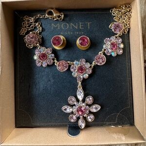Monet Pink and Gold Jewelry Set with stud earrings and necklace